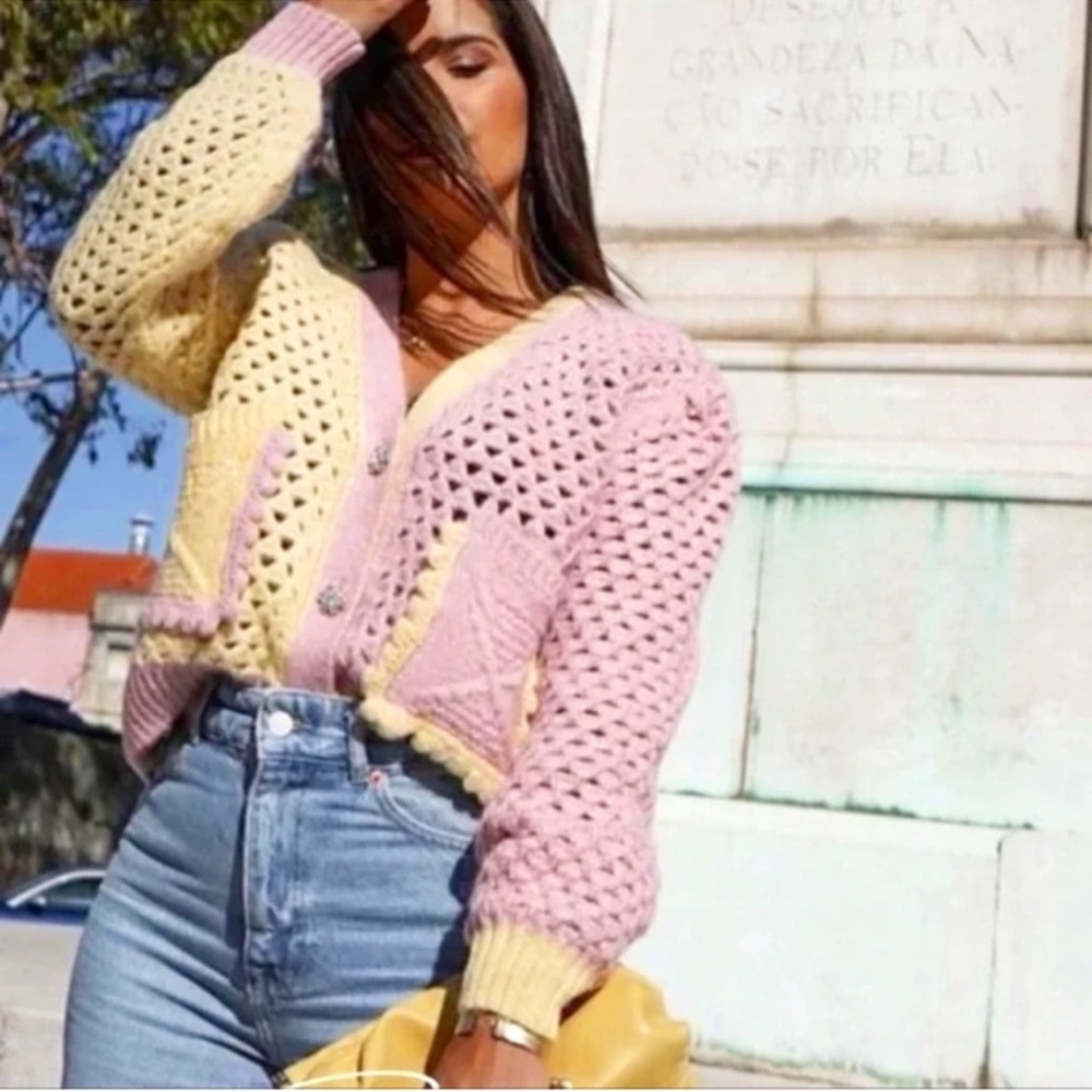 Zara Pastel Yellow and Pink Crochet Cardigan - Picture 5 of 16
